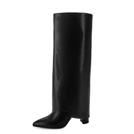 Modatope Black Womens Boots Chunky Heel Fold Over Knee High Boots Pointed Toe Dress Boots Fashion Black Tall Boots Zipper Long Boots Size 9