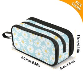 Daisy Flowers Teal Blue Pencil Case for Boys Girls, Large Capacity Pen Bag 3 Compartment Pencil Pouch Students Stationery Organizer Marker Case for School Office Work