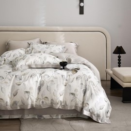MKXI Eucalyptus Leaves Duvet Cover Lightweight Bedding Set White and Grey Duvet Cover Queen Cooling Lyocell Duvet Cover Ruffles Comforter Cover