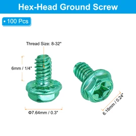 PATIKIL 8-32 x 1/4 Inch Thread Ground Screws, 100 Pack Green Electrical Grounding Screw Hex Phillips Head Flanged for Home Electrical Lamp