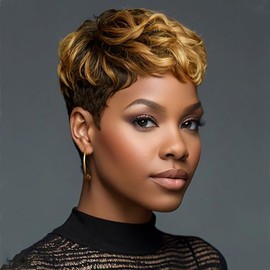 Short Pixie Wig, Layered Honey Blonde Highlights Heat Resistant Synthetic Hair Wigs for Women Mixed Blonde Brown Hairstyles Short Haircut Wig Synthetic Hair (Ombre Brown)