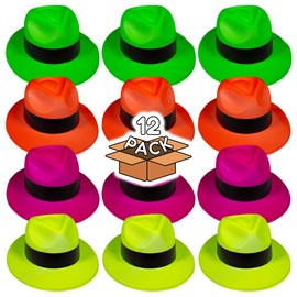 Windy City Novelties Fun Central Plastic Neon Fedora Hats - Assorted Colors - 12 Pack