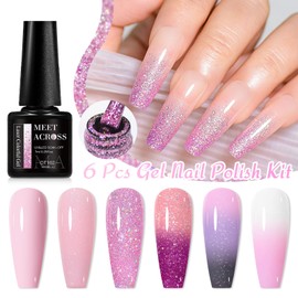 MEET ACROSS Pink Gel Nail Polish Set, 6 Colors Light Soft Pink Glitter Pink Color Changing Gel Polish Soak Off Nail Art Gel Design Manicure Kit Salon DIY Home Gift for Women