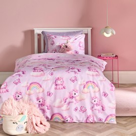OHS Unicorn Fun Cot Bed Duvet Cover Set, Gifts for Girls Super Soft Cosy Warm Microfibre Polyester Toddler Bedding Playful Cot Duvet Cover Comfy Toddler Bedding Set with Pillowcase, Lilac