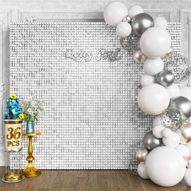 Qcity Matte White Sequin Wall Backdrop 36PCS, Black Back Not See-Through Design, Square Sequin Glitter Backdrop Panel, Perfect for Outdoor Events, Birthdays, Wedding and Party Decoration