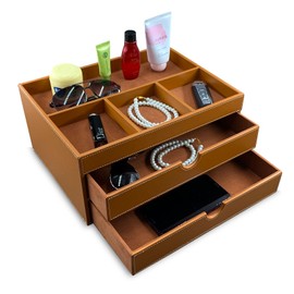 SYRWDXTX Household Multifunctional Desktop Storage Cabinet, Office File Cabinet Made of Leather, Drawers and Four Separate Organizers, Storage Box on The Bedside Table in The Room (Brown)