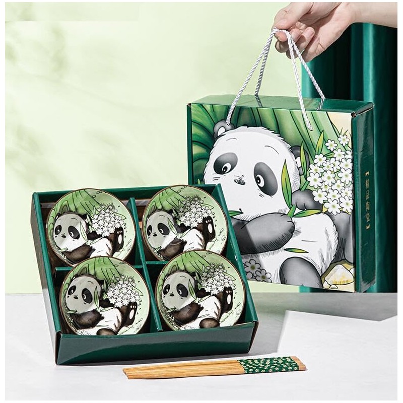 EatingBiting 4pcs Bowls & 4 Pairs of Chopsticks Panda Porcelain
