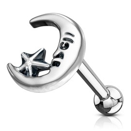Pierced Owl Crescent Moon and Star Cartilage Stud in Antique Silver Plated 316L Stainless Steel