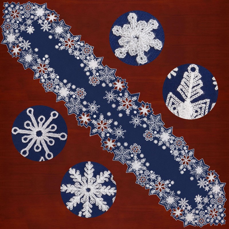 Simhomsen Towel Embroidered Snowflake Design Navy Blue and White Table