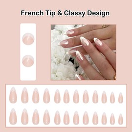 ANDGING French Tip Press on Nails Almond White Short Glue on Nails for Women Fantasy Medium Fake Nails with CLassy Designs Artificial Stick on Nails Gel Manicure Acrylic False Nails for Wedding