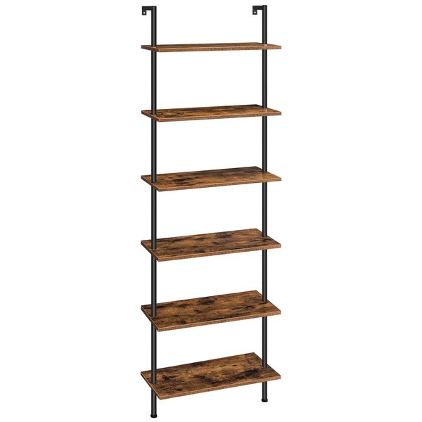 HOOBRO DIY Ladder Shelf, 6-Tier Wall Mounted Bookshelf, Office Vertical Bookcase, Wooden Storage Shelves for Home Office, Bedroom, Rustic Brown and Black BF65CJ01