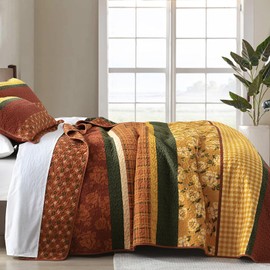 SahSahCasa 100% Cotton Quilt Queen Size, Queen Quilt Set, Vintage Elegant Floral Reversible Boho Quilted Bedspread Bedding Set Bohemian Lightweight Comforter for Queen Bed, 3pcs,Brown/Yellow/Green