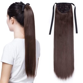Ponytail Extension 22inch Long Straight Pony Tails Tie up with Clip in Wrap around Hairpiece Synthetic(Brown)
