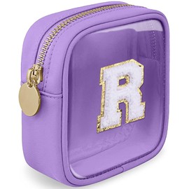 LOFOWN Initial Clear Makeup Bag Small Cosmetic Bag Travel Toiletry Bag Clear Zipper Pouch Purse Organizer Bags for Women, Purple, R, Initial Clear Makeup Bag