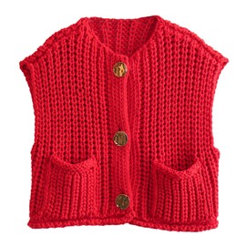 Wyeysyt Sweater Vest Women Sleeveless Crop Knit Cardigan Casual Button Down Cropped Knitted Sweater Vest with Pockets(Red-S)
