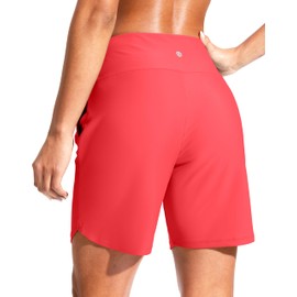 Women's 7" Swim Board Shorts High Waisted Swimming Bottoms Quick Dry Beach Shorts for Women with Liner Pockets(Tomato,L)