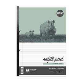 RHINO A4 Refill Pad, Writing Pad, 160 Page / 8mm Lined with Margin, 1 Pack, White Hole Punched Side Binding Writing Paper, Office & School Stationery Supplies