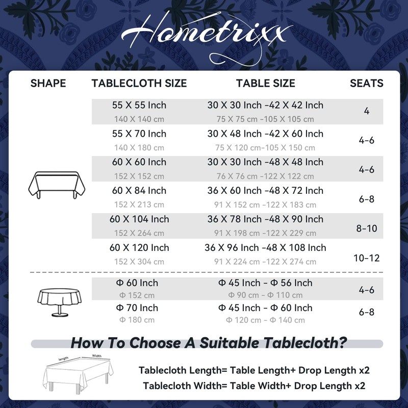 hometrixx Block Print Floral Washable Rectangle Table Cloth Blue 140x180cm
