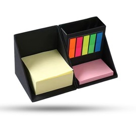 Sticky Notes Organizer Cube with Pen Holder, 3-in-1 Cardboard Memo Pad Set with 300 Yellow Notes, 50 Pink Pads & 125 Translucent Tabs, Portable Desk Organizer for Home, School, and Office Desk (Black)