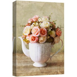SIGNFORD Canvas Print Wall Art Pink & White Roses in Watering Can Vase Floral Plants Photography Modern Art Rustic Colorful Multicolor Warm for Living Room, Bedroom, Office - 16"x24"