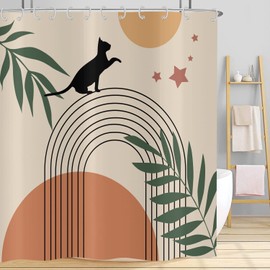 Hnmdmyi Shower Curtain Boho 180 x 200 cm, Mid Century Abstract Black Cat Green Leaf Arch Sun Moon Beige Bath Curtain Modern Minimalist Geometric Aesthetic Art Bath Curtain with Hooks