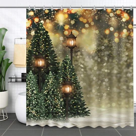 MEHOFOND 72x72 Inchs Christmas Winter Shower Curtain for Bathroom Decoration Snowflake Bokeh Pine Trees with Outdoor Nature Landscape White Snow Green Tree Street Lamp Bath Tub Accessory