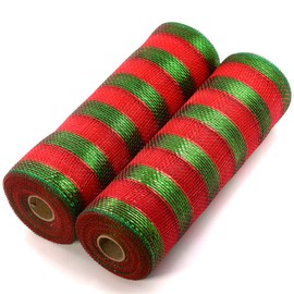 Koopi Deco Mesh 10 inch x 10 Yards Christmas Colors, Set of 2 Red and Green Metallic foil Stripe Mesh Ribbons for Wreaths, Swags, Craft, Party and Decorating Supplies- 2 Rolls