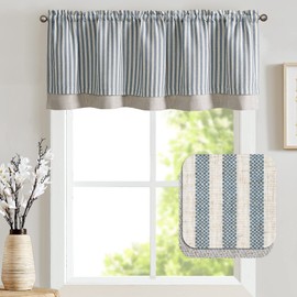 JINCHAN Linen Valance Curtain Stripe Valance for Windows 18 Inch Blackout Kitchen Curtain Farmhouse Double Layer Valance for Living Room Laundry Ticking Stripe Valance Rod Pocket 1 Panel Blue on Beige