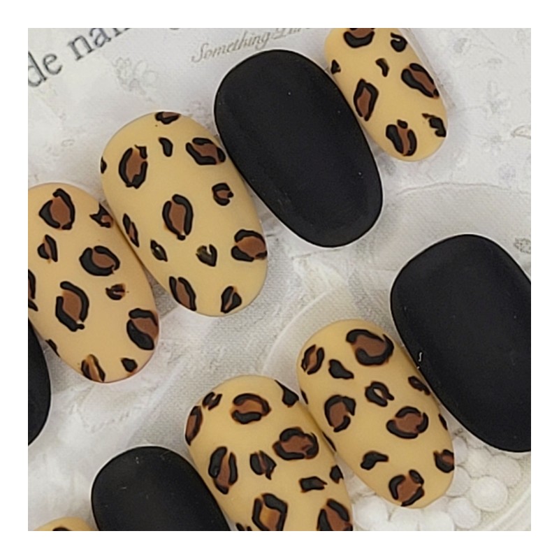 Black Leopard Matte Handmade Nail Tips - Oval L /