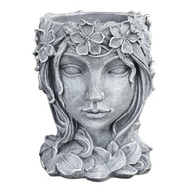 Fenteer Face Art Sculpture Flower Pot Resin Flower Pot Female Face Planter with Hole Home Flower Pot Ornament Home Decor, Grey