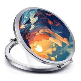 LONNAONE Compact Mirror for Women,Round Mini Pocket Travel Makeup Mirror,Pretty Portable Folding Small Pocket Mirror for Handbag,Purse,Double Sided Handheld Pocket Mirror (Silver Sunrise Mountain)