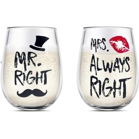 Pareja Copas de vino Conjunto MR RIGHT and MRS ALWAYS RIGHT Cristal Copa de vino Regalos para San Valentín Boda Compromiso Aniversario para Su Suyo Marido Esposa Novio Novia Amantes SIN PLOMO