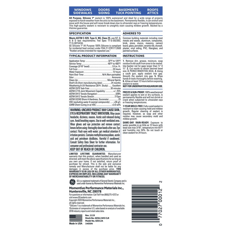 GE Sealants & Adhesives All Purpose Silicone 1 Sealant, 10.1oz,