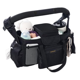 Momcozy Extra Large Stroller Organizer Max | with Food Grade Pacifier Teether Bag | 2 Insulated Cup Holder | Silicone Anti-Slip Straps | 3-Way Usage | Detachable Small Pouch | for UPPAbaby/Doona