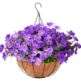 Fanfantoey Artificial Flowers for Outdoors Hanging Basket Summer Decoration, Faux Silk UV Resistant Purple Phalaenopsis Orchid with Hanging Planter, Fake Hanging Plants Flowers for Outside Porch Patio