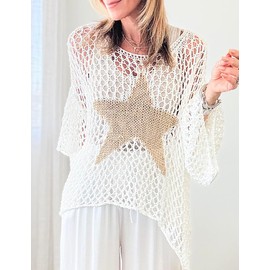 Ecosunny Womens Summer Crochet Hollow Out Scoop Neck Star Graphic Pullover Sweater Knit Tops Shirts Beach Cover Ups A-White