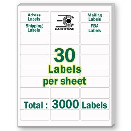 EastCrane 1" x 2-5/8" Printable Mailing Address Labels,3,000 Sticker Labels(100 Sheets),White Blank Labels for Laser/Inkjet Printer,Permanent Adhesive Name Labels,FBA Labels