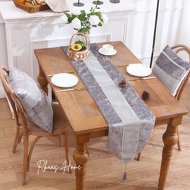 RKAAS HOME Super Soft Decorative Luxurious Diamante Crushed Ice Velvet Table Runner (Silver Grey - 32x180cm)