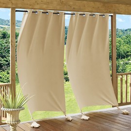 RYB HOME Windproof Outdoor Curtains - Weighted Bags Included Water Resist Outside Draperies Privacy Blackout for Patio, Outside Shower, Screen Porch, Pavilion, W 52 x L 108 inch, 2 Pcs, Beige