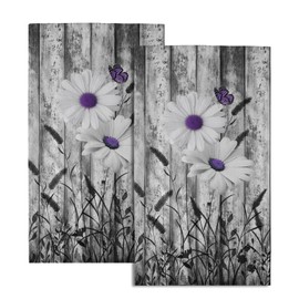 Black White Hand Towels Rustic Purple Daisy Butterfly Farmhouse Absorbent Kitchen Towels Set of 2 Spring Vintage Floral Soft Quick Dry Microfiber Dish Towels For Kitchen Bathroom Gym Face Towel