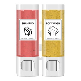 Volufia Shampoo and Conditioner Dispenser, Shower Dispenser 2 Chamber No Drill, Shower Soap Dispenser, Body Wash Dispenser Wall Mounted for Bathroom Hotel 2x300ML, White