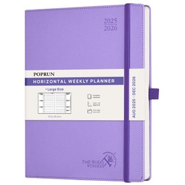 POPRUN Calendar 2025 2026 Horizontal Weekly Planner (Aug.2025-Dec.2026) Hard Cover with PU Leather, Approx. A4 (21.8 x 26.4 cm), 17-Month Diary 1 Week 2 Pages, Lavender