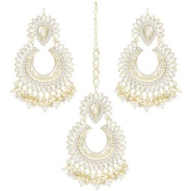 Aheli Gold Plated White Kundan Pearls Studded Drop Earrings with Maang Tikka Jewelry Set Gift for Women