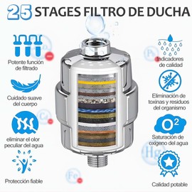 Filtro Regadera, 25 Etapas Filtro de Ducha Agua Universal,Con 2 cartuchos reemplazables,para Ajustar el pH del Agua y Filtro Cloro Impureza Microbio y Metal Pesado para Cuidar su Piel y Salud