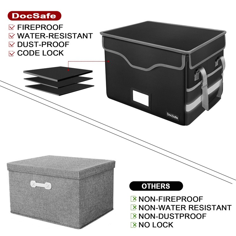 DocSafe Fireproof Document Box with Lock,File Storage Organizer with Pockets,Collapsible