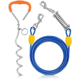 Petbobi Dog Tie-Out Cable and Stake - 10ft Heavy Duty Cable with Spring, No Tangle, 16in Ground Stake, Ideal for Yard, Camping and Beach, Suitable for Small Medium Large Dogs Up to 120 lbs, Blue