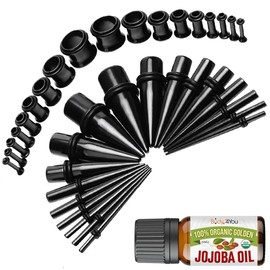 BodyJ4You 37PC Ear Stretching Kit - 14G-00G Beginner Gauges - Aftercare Jojoba Oil - Black Steel Tapers Single Flare Plugs Tunnels - Stretchers Expanders Eyelets