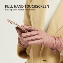 NOVBJECT Leather Gloves Winter Women's Touchscreen Lambskin Elegant Cashmere Lined Warm Outdoor Driving Gloves, pink
