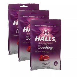 HALLS 3X HALLS Throat Soothing Cool Berry Flavor Cough Drops 3 Bags 75 Total Drops