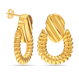 LeCalla 925 Sterling Silver 14K Gold Plated Twisted Door Knocker Inspired Drop Earrings Classic Textured Geometric Drop Stud Earrings for Women Teen 26 MM